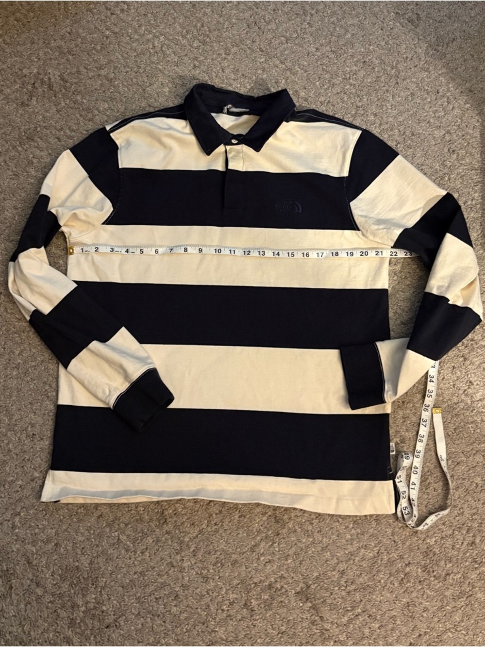 The North Face Wide-Stripe Long-Sleeve Rugby Polo in Navy and Cream